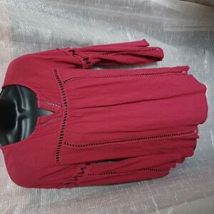 Imaginary Voyage Red Long Flare Bell Sleeve Boho Hippie Blouse, M